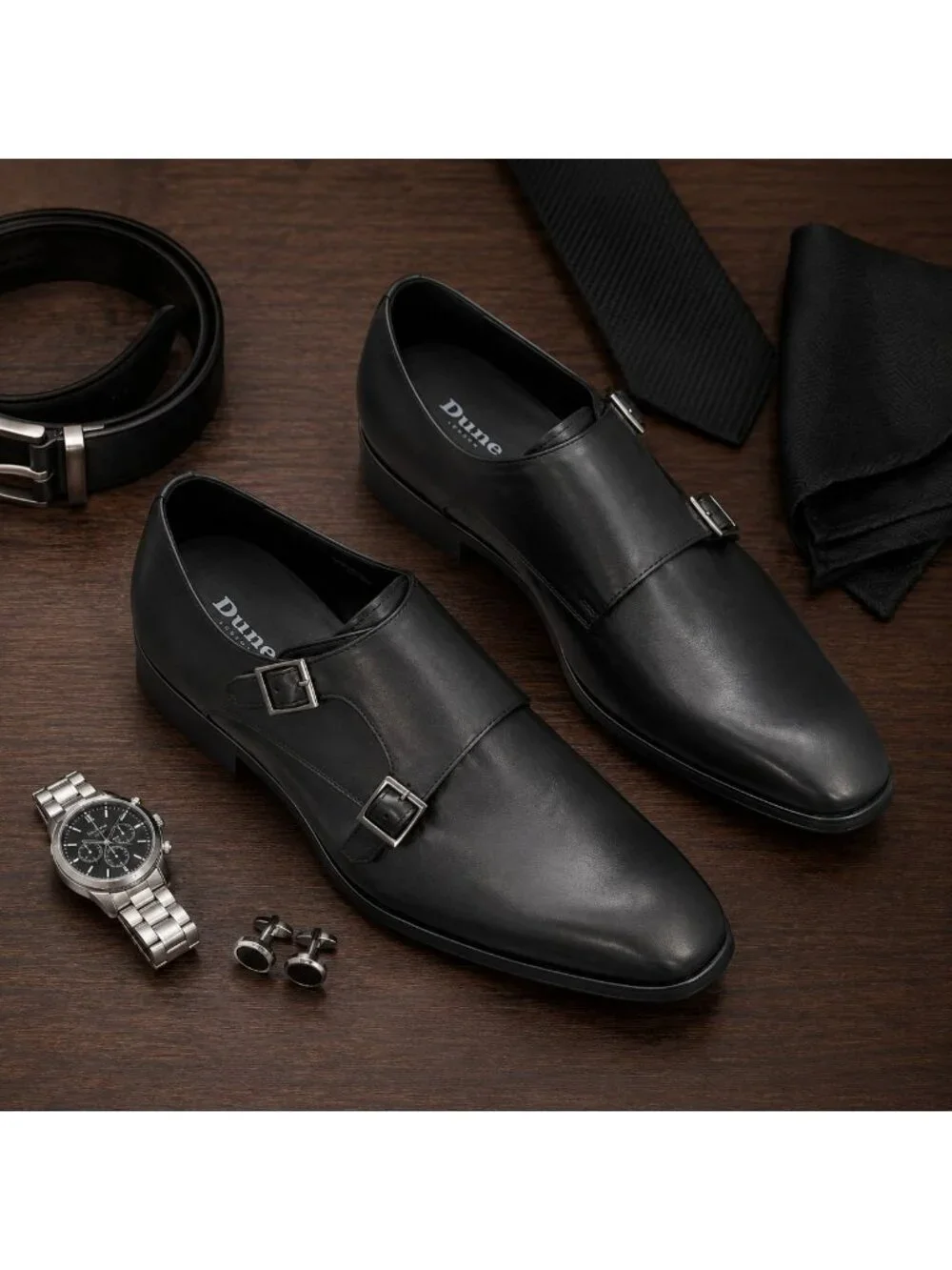 SD1 - Dune London Situation Black Leather Double Monk Strap Shoes Men’s 42/9 NIB